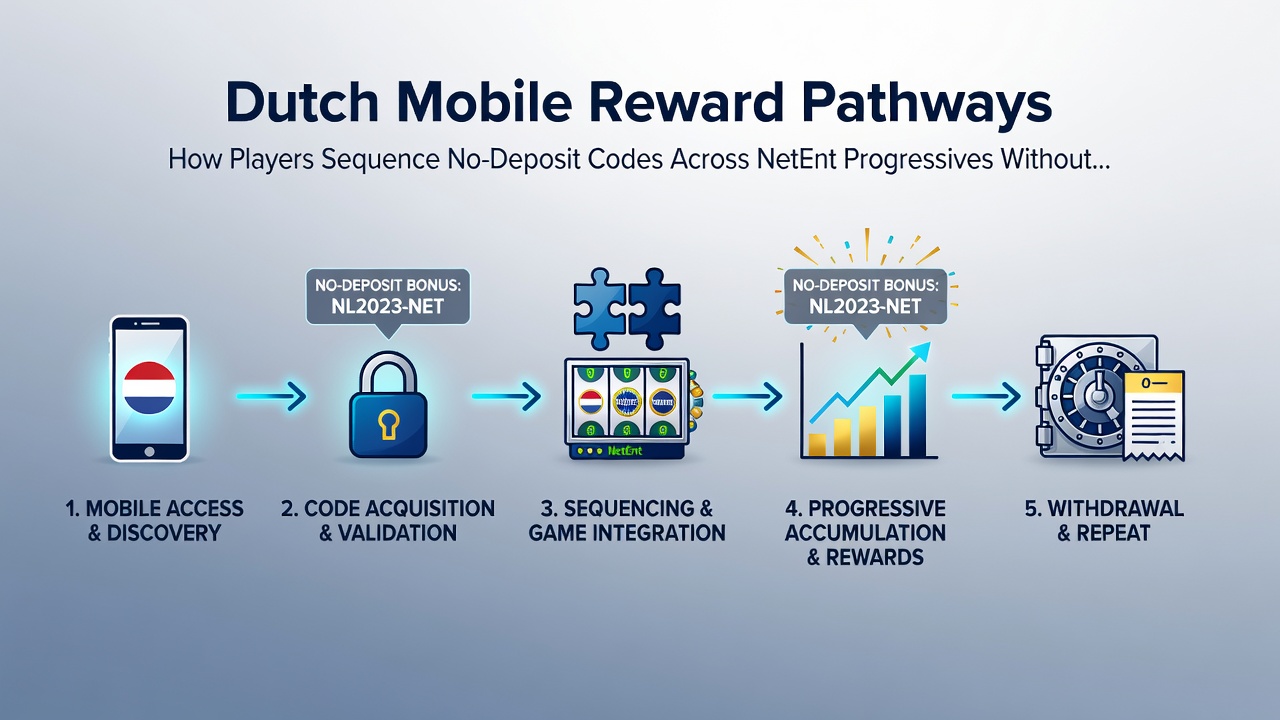 Diagram van sequentiële no-deposit code toepassing over NetEnt progressieve slots op mobiel