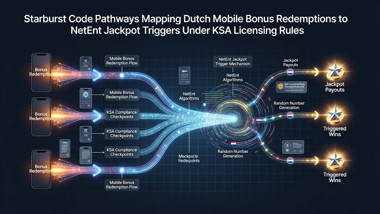 Visuele weergave van mobiele bonuscode routes die leiden tot NetEnt Starburst jackpot triggers onder Nederlandse KSA regels